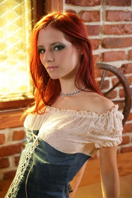 Beautiful redhead model Ariel bares her perky tits while getting naked in pub 46702885