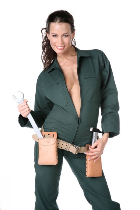 Gorgeous brunette Marie removes a jumpsuit to pose nude in a toolbelt and Docs 80711590