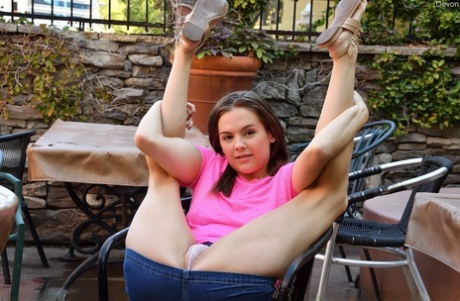 Flexy amateur Devon flashes a no panty upskirt outdoors before modeling naked 15679220