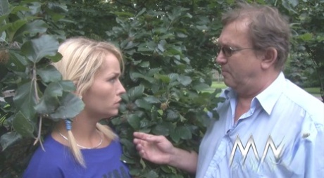 Golden haired cutie Mina gets spooned by a nerdy older man